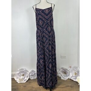 H&M Divided Maxi Dress Womens Size 14 Navy Blue Red Paisley Strappy Button Flowy